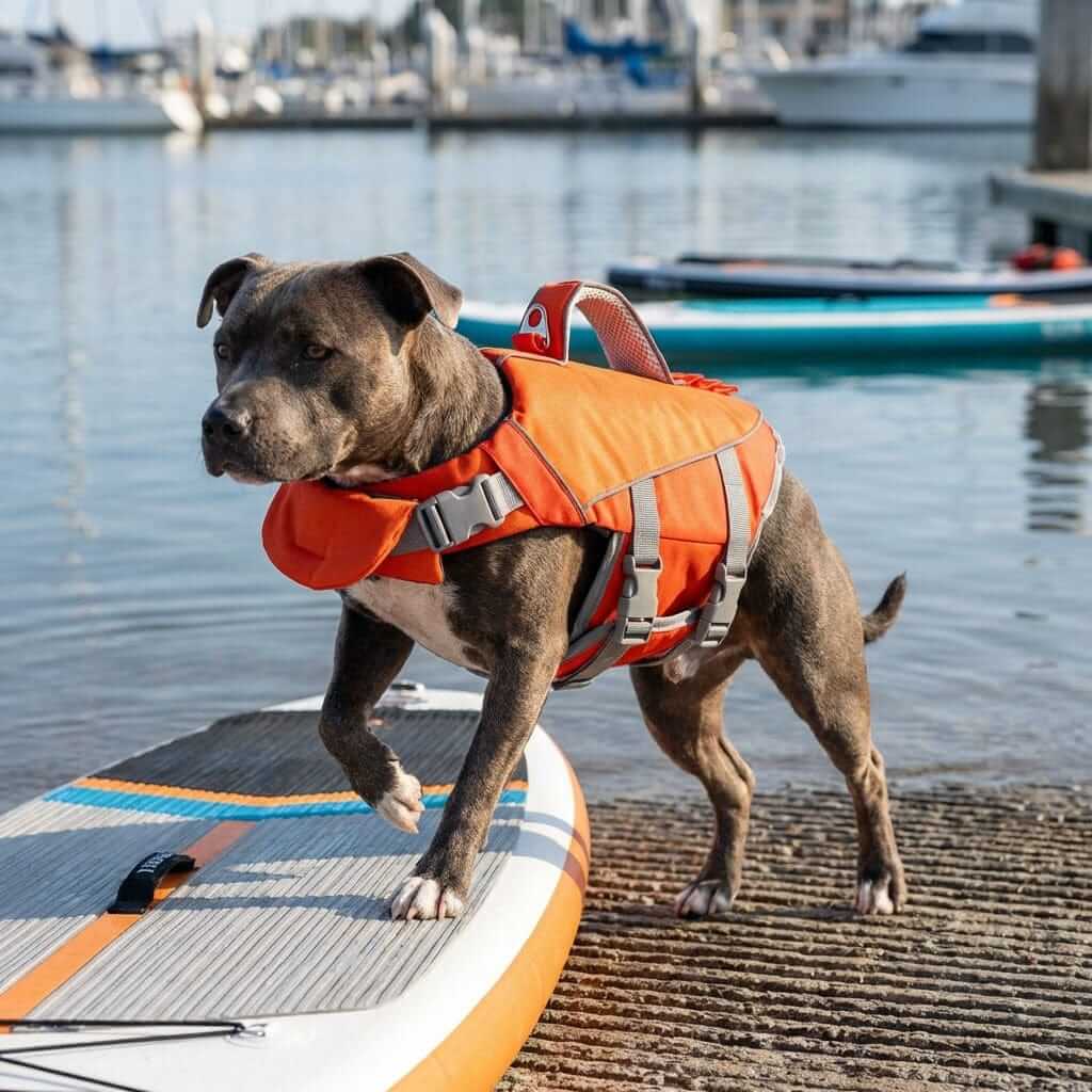 AquaGuard Shark Dog Life Jacket on a confident dog paddling on a paddle board by the water, safety and visibility.