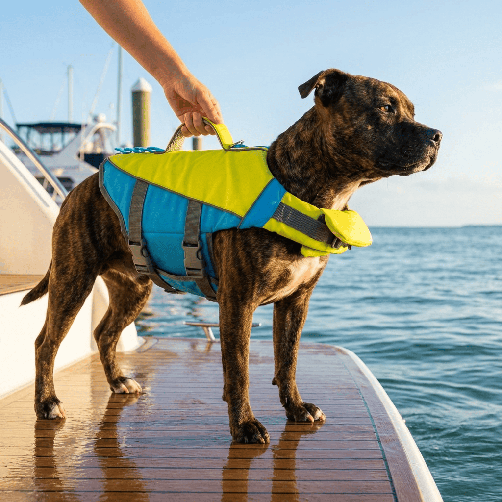 AquaGuard Shark Dog Life Jacket on a dog, featuring bright colors for visibility, providing safety for swimming adventures.