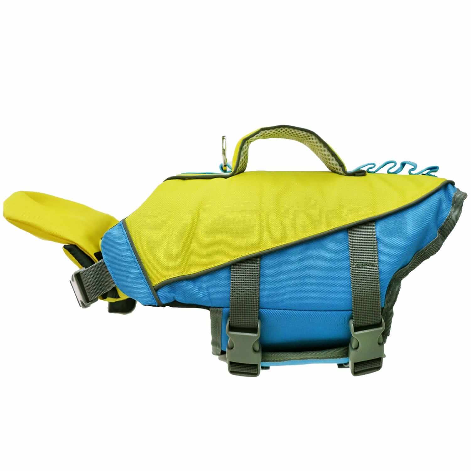 AquaGuard Shark Dog Life Jacket in blue and yellow, featuring adjustable straps for dog safety and visibility.