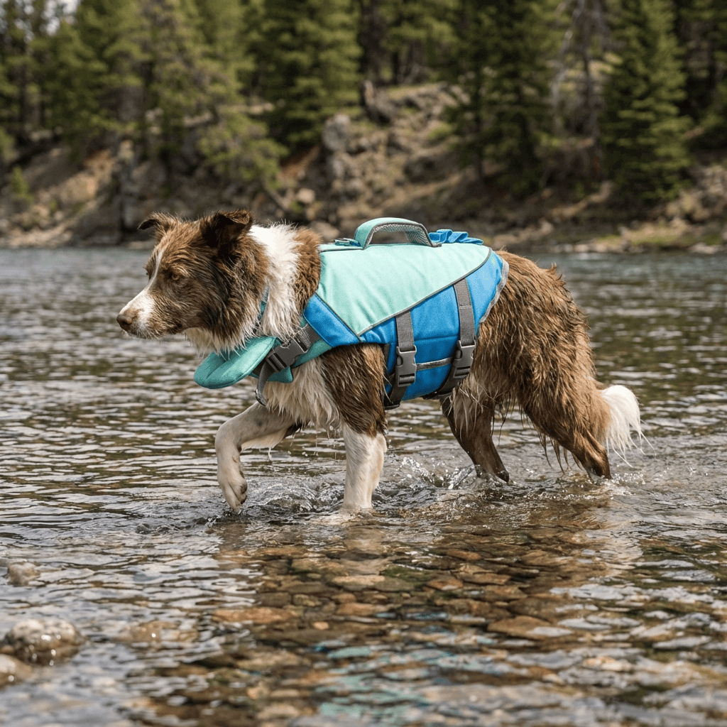 AquaGuard Shark Dog Life Jacket on a dog wading in water, designed for visibility and safety in water activities.