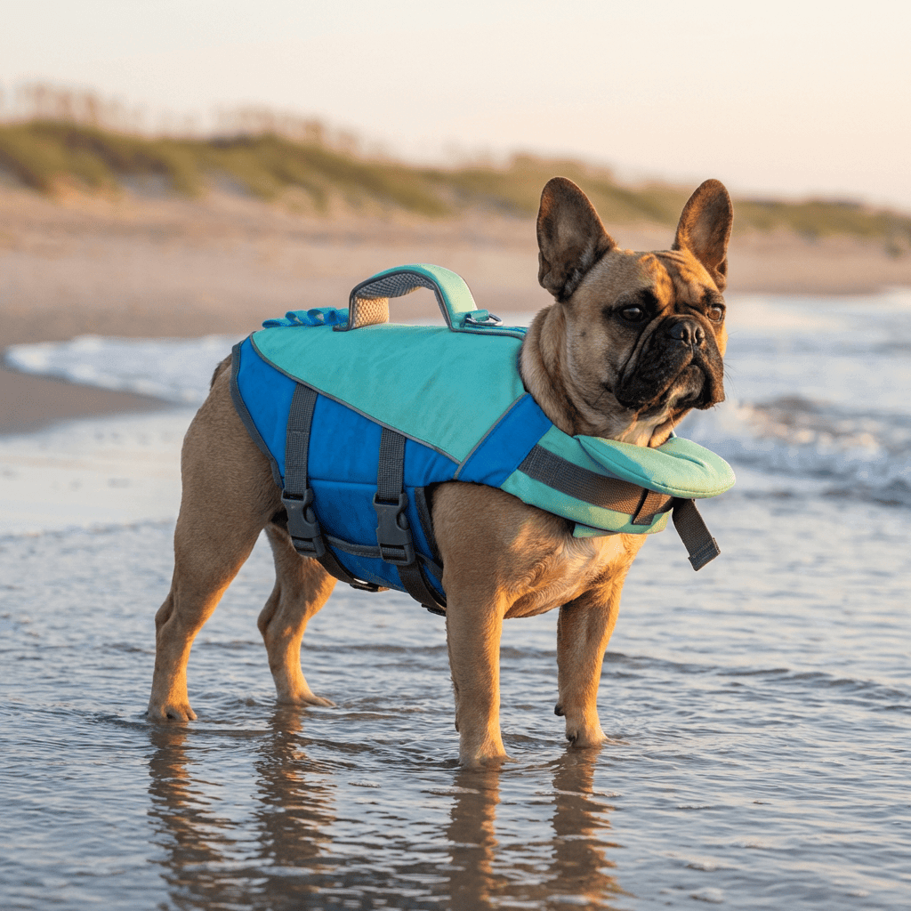 AquaGuard Shark Dog Life Jacket on a French Bulldog, featuring buoyant material for maximum safety and visibility.