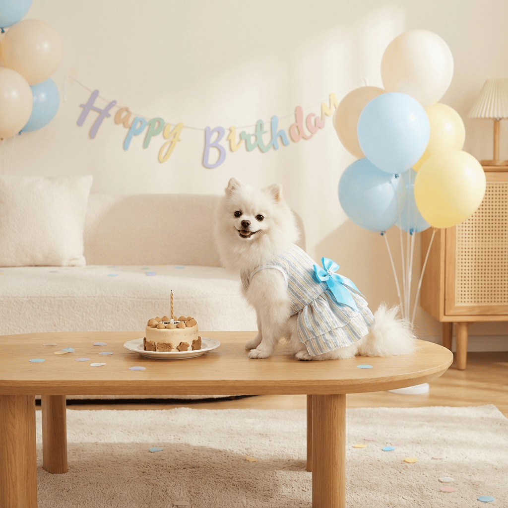 BowBelle Striped Dog Dress worn by a small dog at a birthday celebration with cake and balloons.