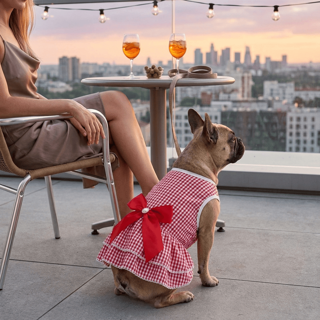 A small dog wearing the BowBelle Striped Dog Dress sits elegantly by a woman, showcasing its cute bow and stylish stripes.