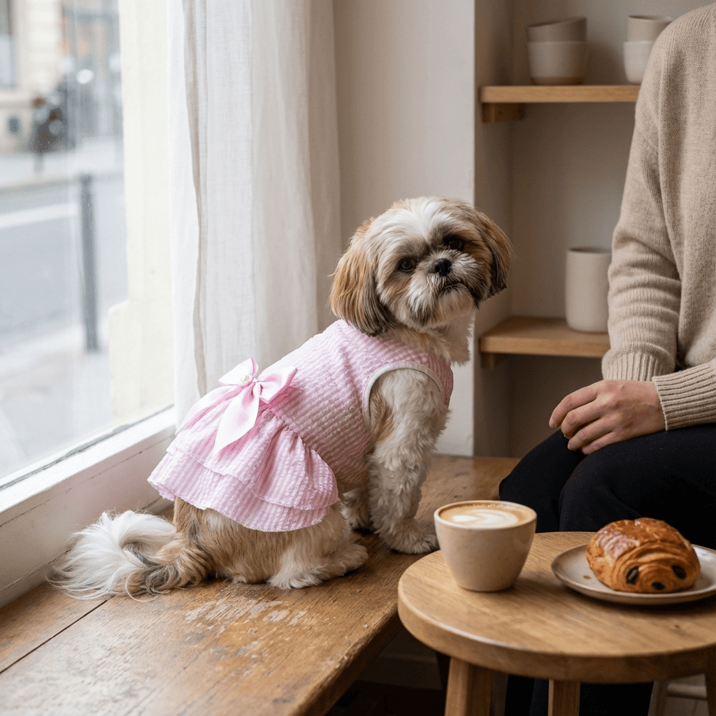 A small dog wearing the BowBelle Striped Dog Dress, featuring charming stripes and a bow, sitting near coffee.