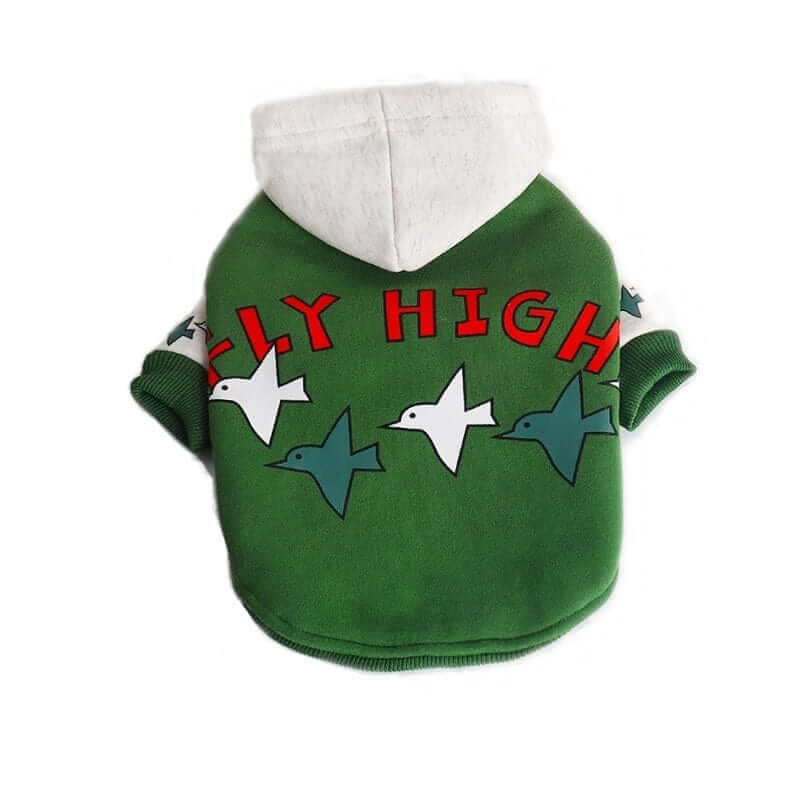 ChicPaw Korean Dog Hoodie in green with 'FLY HIGH' design for small to medium-sized dogs by ChicPaw. Perfect for cooler days.