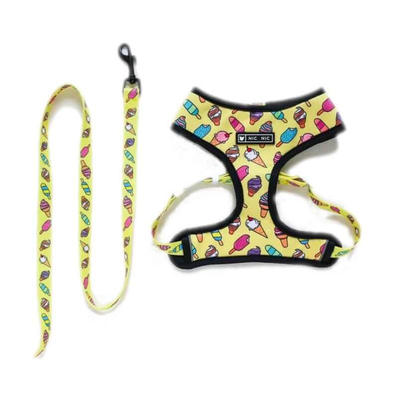ChicStride Dog Harness & Leash set featuring an ice cream pattern, perfect for small to medium dogs.