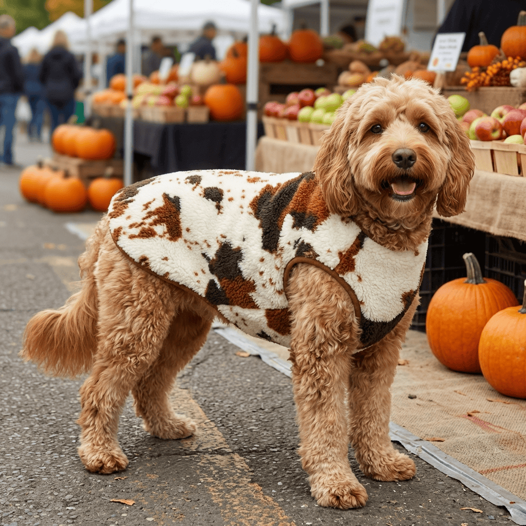 Dog wearing CloudFleece Comfort Vest at a farmer's market surrounded by pumpkins and apples.