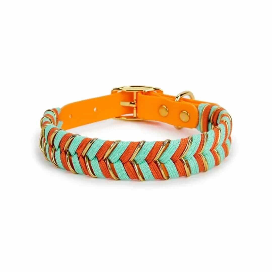 ColorSplash Handmade Dog Collar showcasing a vibrant woven design in orange and teal, perfect for stylish pets.
