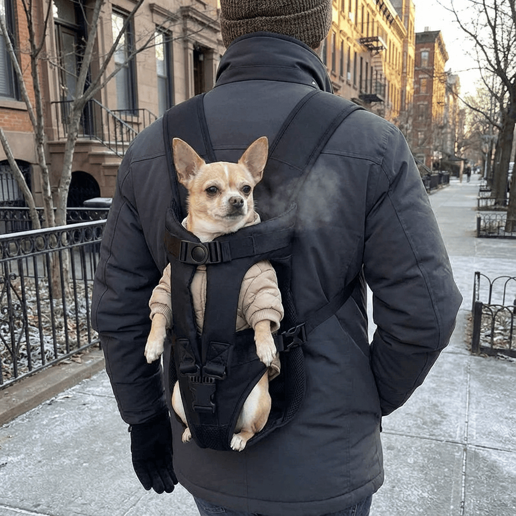 ComfortCarry Pet Backpack worn by a person with a Chihuahua, showcasing breathable design and comfort for dogs.