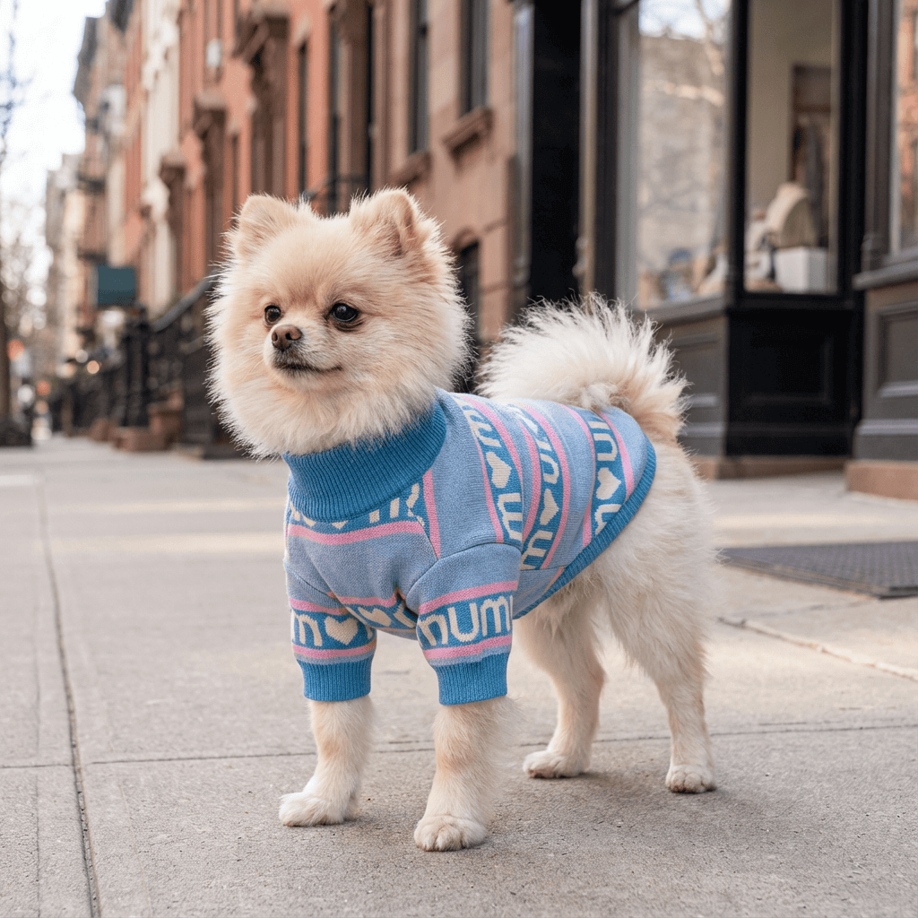 CozyLayer Dog Sweater on a cute Pomeranian, showcasing its stylish double-layer design, ideal for dogs.