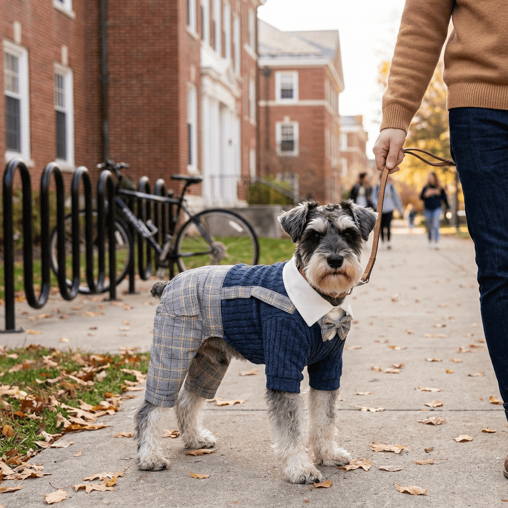 CozyPaws Knitted Dog Jumpsuit on a Schnauzer, stylish warmth for small dogs by Dogs & Cats.