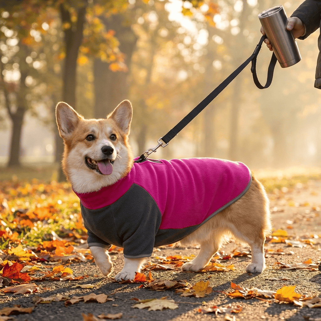 CozyPaws Stretchy Dog Sweater on a corgi dog walking in autumn leaves, designed for comfort and warmth - Dogs & Cats.