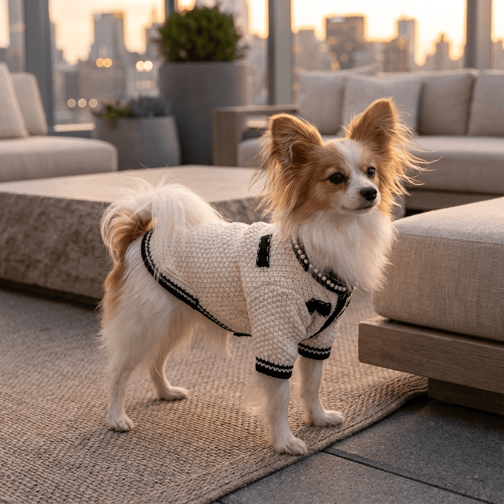 CozyPet Designer Sweater on a small dog, luxurious, stylish, perfect for autumn and winter, designed for dogs and cats.