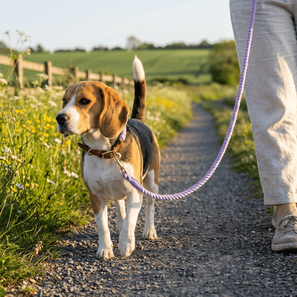 EleganceBound Collar Set: Beagle walking on a trail with cotton & leather collar set by Dogs & Cats.