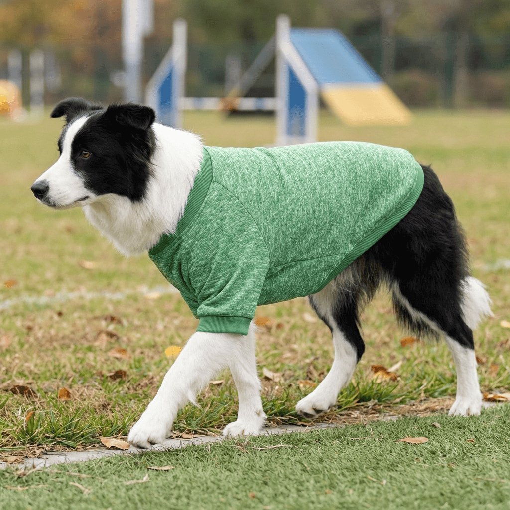 EverWarm Knit Dog Sweater on a black and white dog, perfect for larger breeds, designed for comfort and warmth by Dogs & Cats.