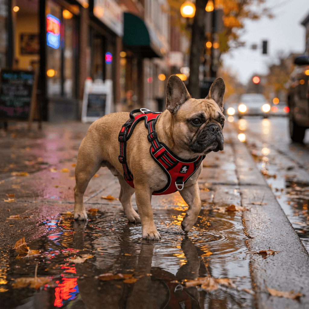 GlowGuard No-Pull Dog Harness on French Bulldog in city, comfortable, adjustable, reflective for safety and visibility.