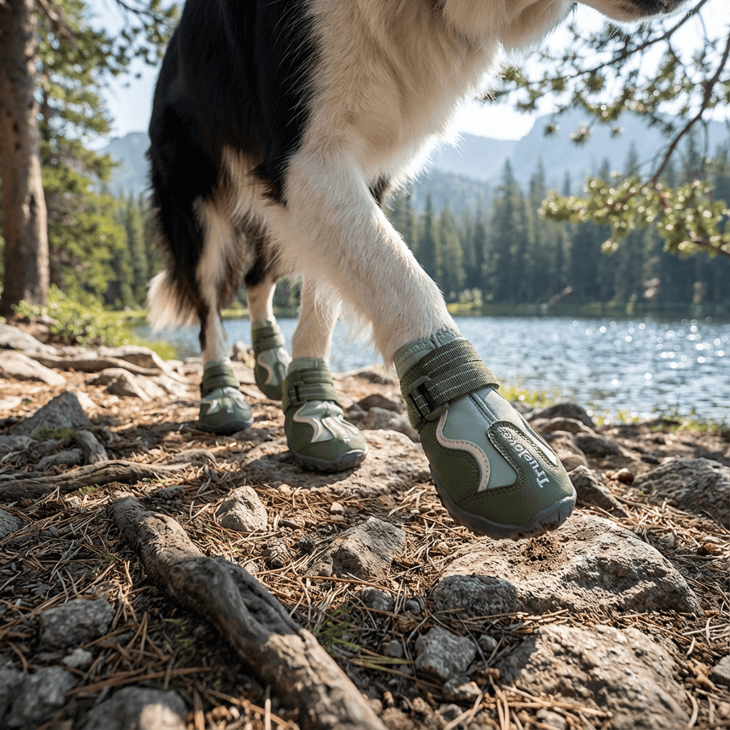 GripGuard Dog Shoes on a dog walking by a lake, featuring breathable design and durable soles for comfort and traction.