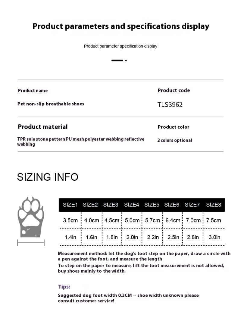 GripGuard Dog Shoes product specifications including size info and material details for dogs and cats.