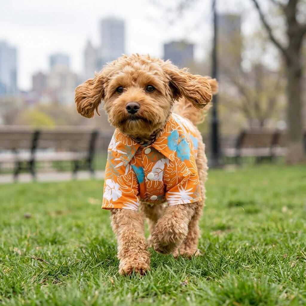 Hawaiian Dog Shirt on a stylish dog enjoying the park, featuring vibrant tropical design, perfect for summer.