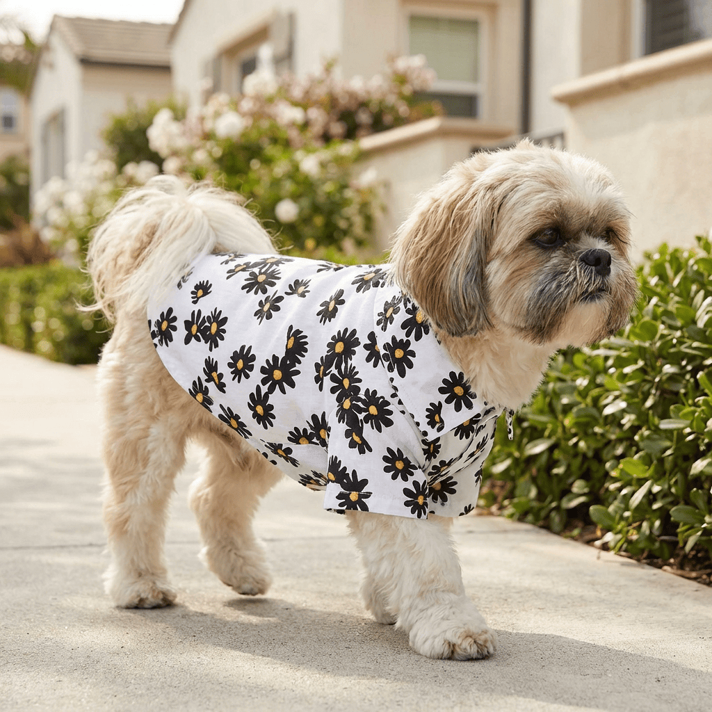 Hawaiian Print Beach Dog Shirt for dogs, comfy and lightweight with a breathable cotton material, ideal for summer outings.