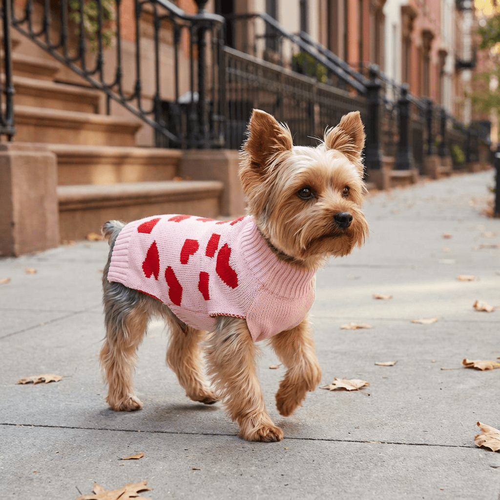 HeartBow Dog Sweater on a small Yorkie with heart patterns, combining style and warmth, perfect for dogs by Dogs & Cats.