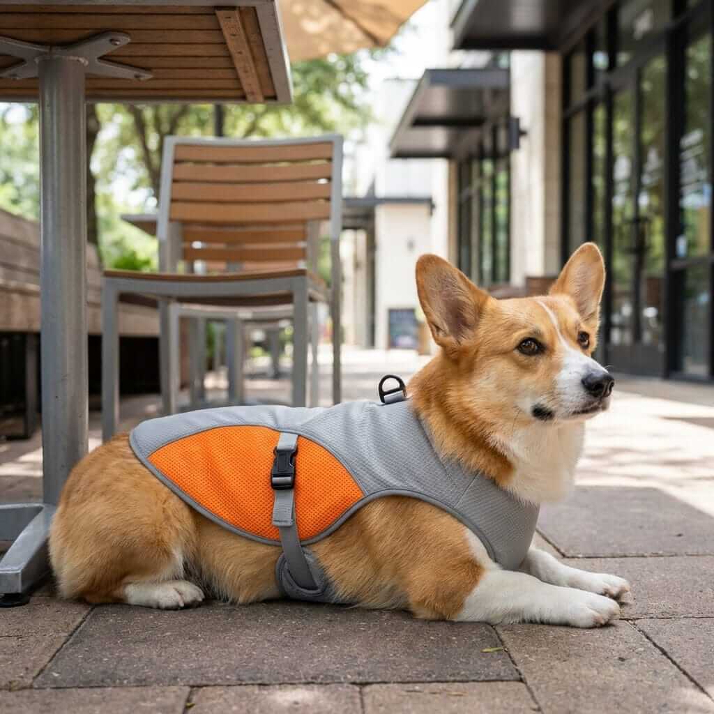 HydroChill Performance Harness on a corgi, offering advanced cooling comfort for active dogs in warm weather.