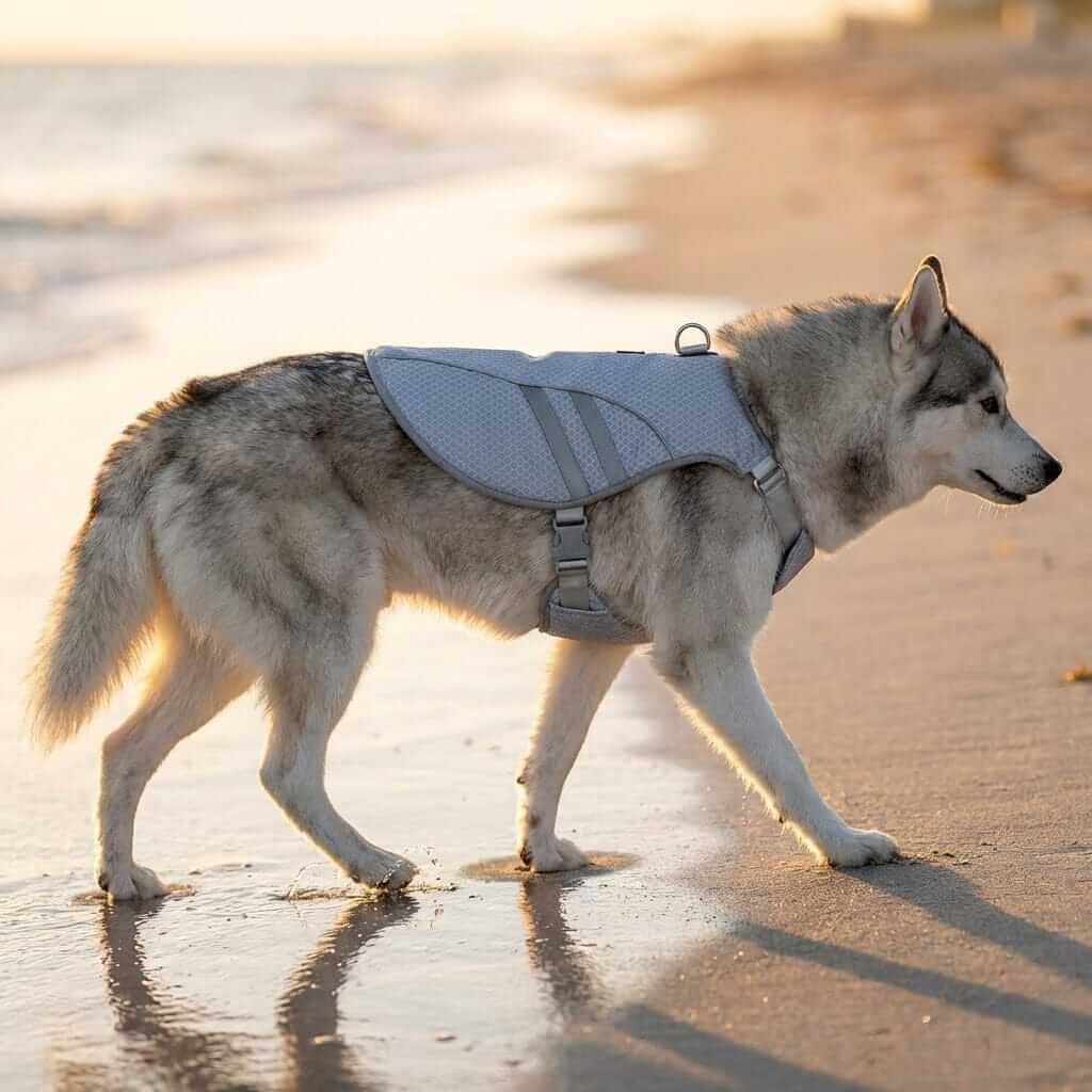 HydroCool Performance Dog Vest on a dog walking on the beach, providing cooling comfort and protection during warm weather.