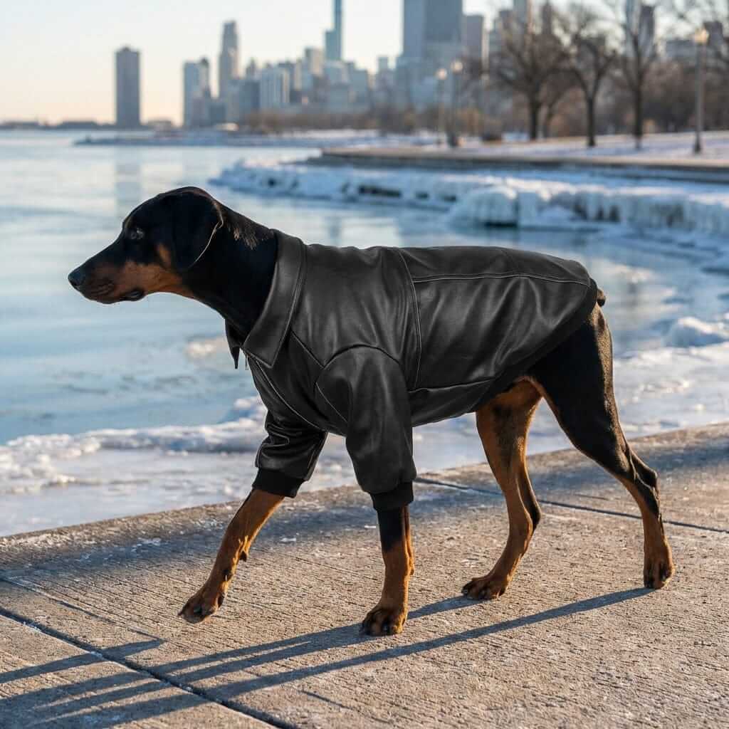 Monarch Leather Dog Jacket on a Doberman, featuring wind resistance and stylish faux leather design by Dogs & Cats.