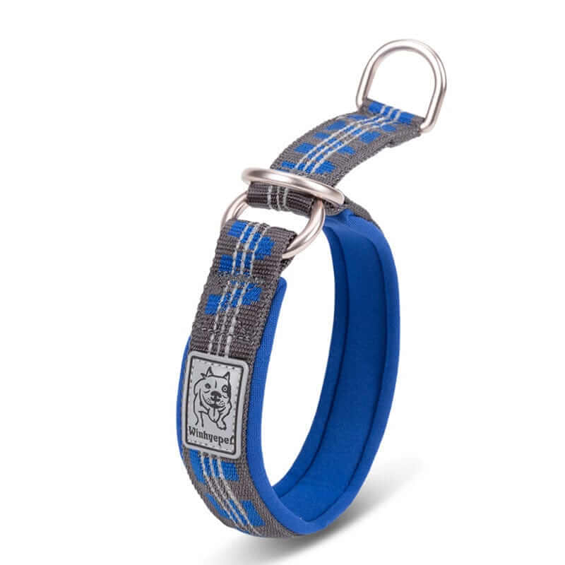 NightSafe Neoprene Dog Collar featuring soft padding, 3M reflective stitching, and a bonus tracker loop for safety.