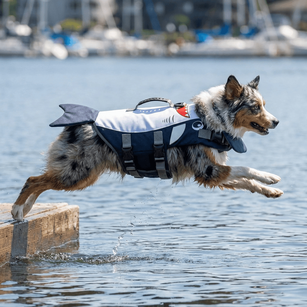 Dog wearing OceanGuard Shark Dog Life Vest leaps into water, showcasing safety and adventure features for dogs.