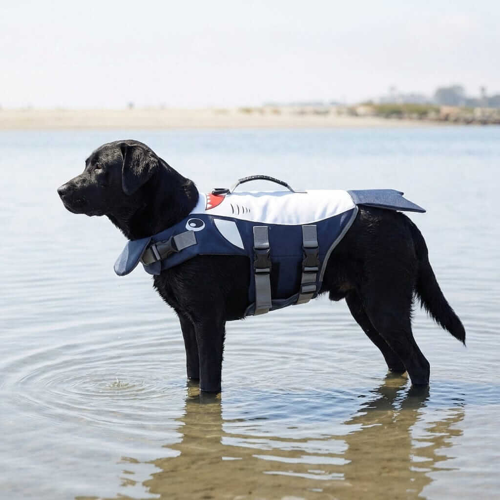 OceanGuard Shark Dog Life Vest on a black dog standing in shallow water, showcasing its safety and buoyancy features.