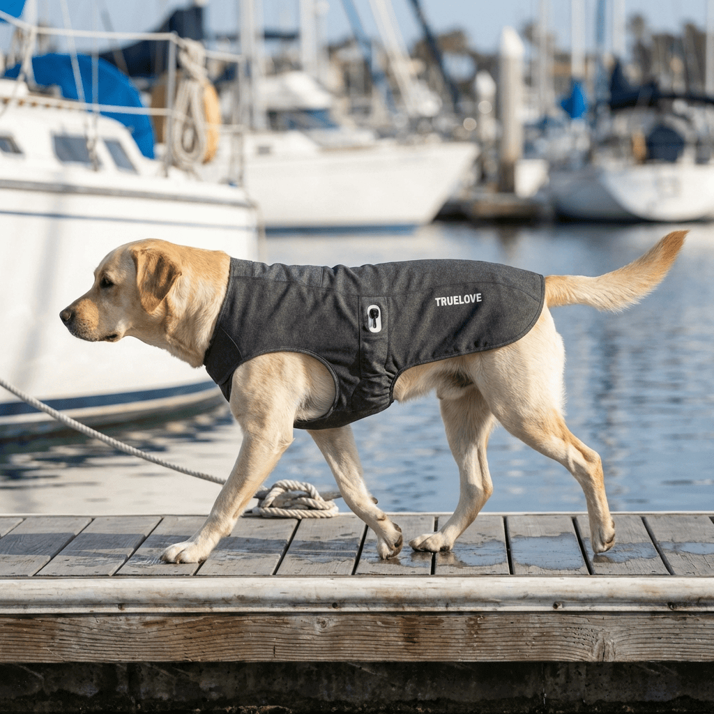 PureGuard Antibacterial Comfort Coat on Labrador dog, breathable and antibacterial for outdoor adventures by Dogs & Cats.