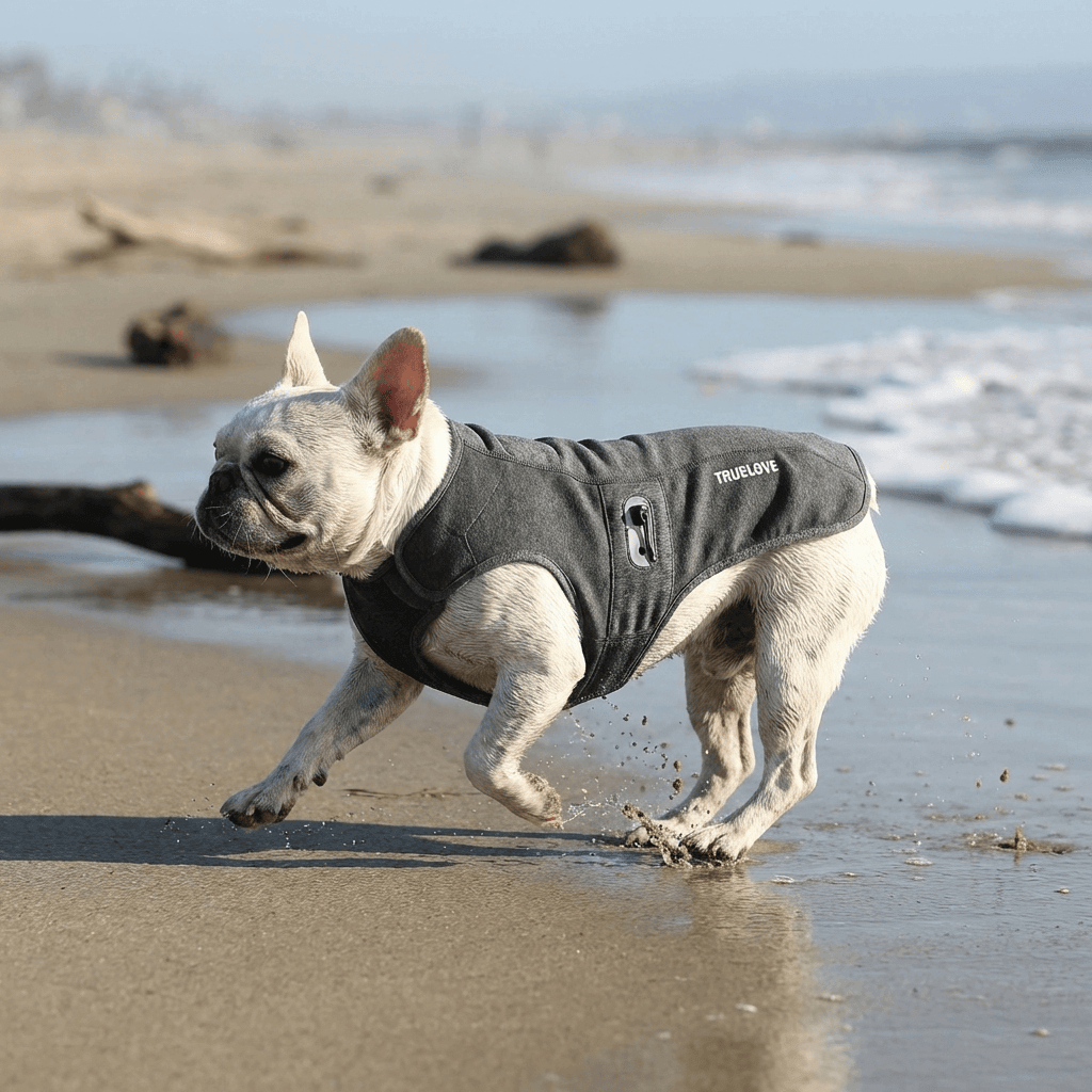 PureGuard Antibacterial Comfort Coat on a dog playing at the beach, featuring lightweight antibacterial fabric for comfort.