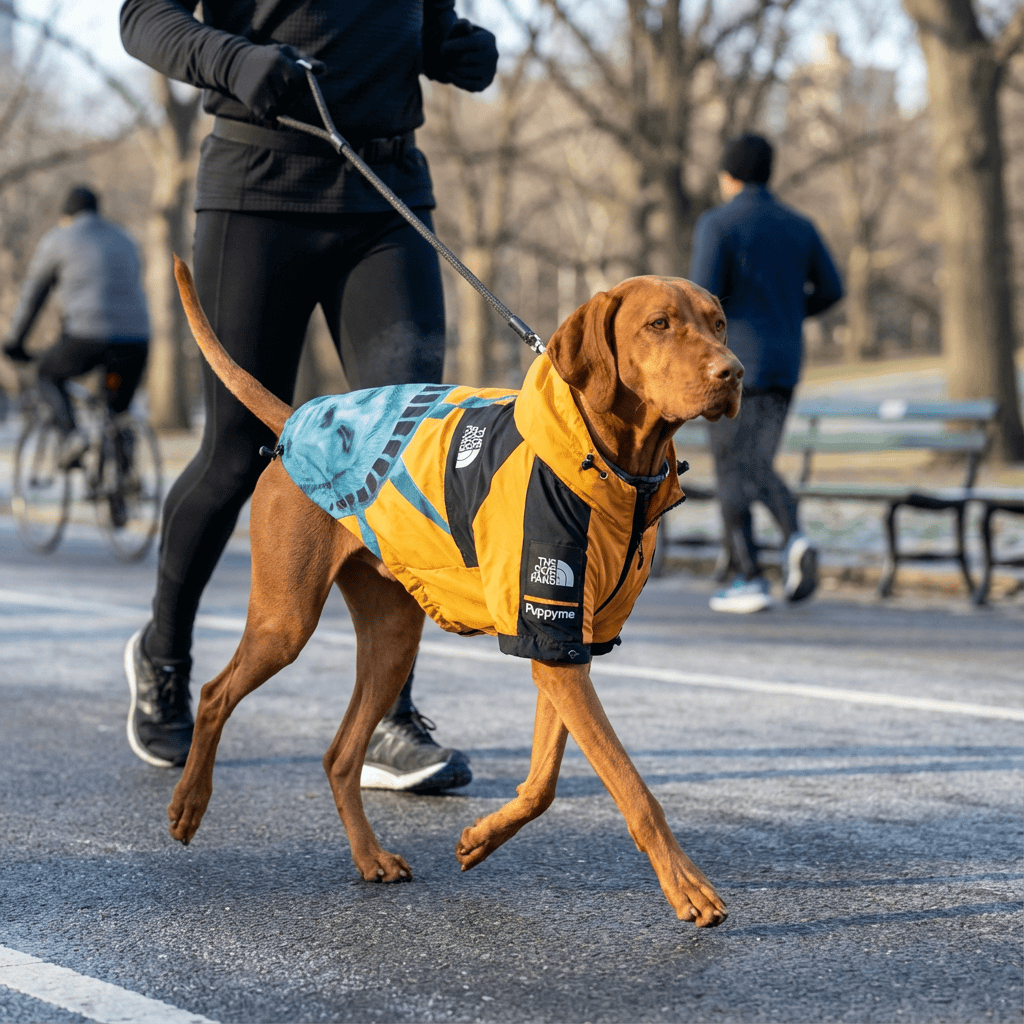 RainPaw Statue Dog Slicker on a stylish dog walking in the park while staying dry and comfortable.