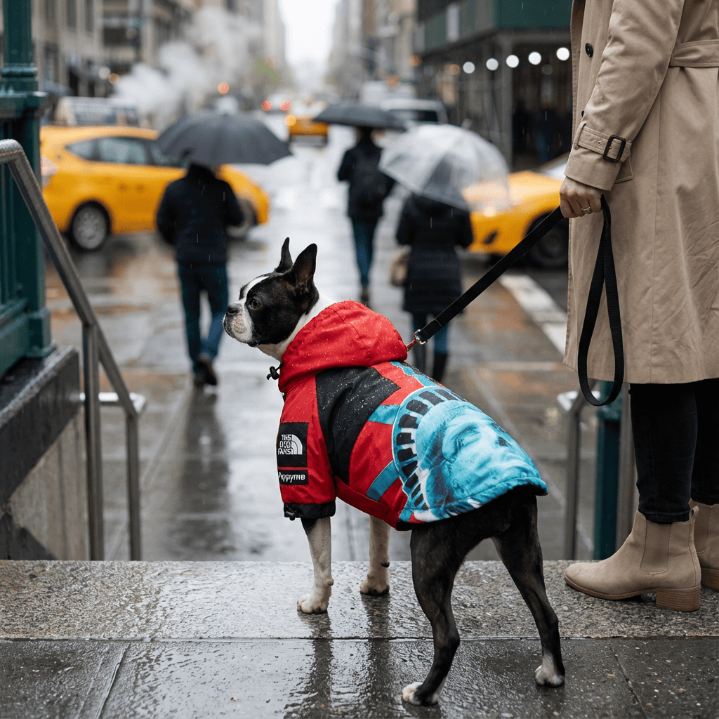 Dog in stylish RainPaw Statue Dog Slicker on a rainy street, ensuring comfort and dryness during walks.