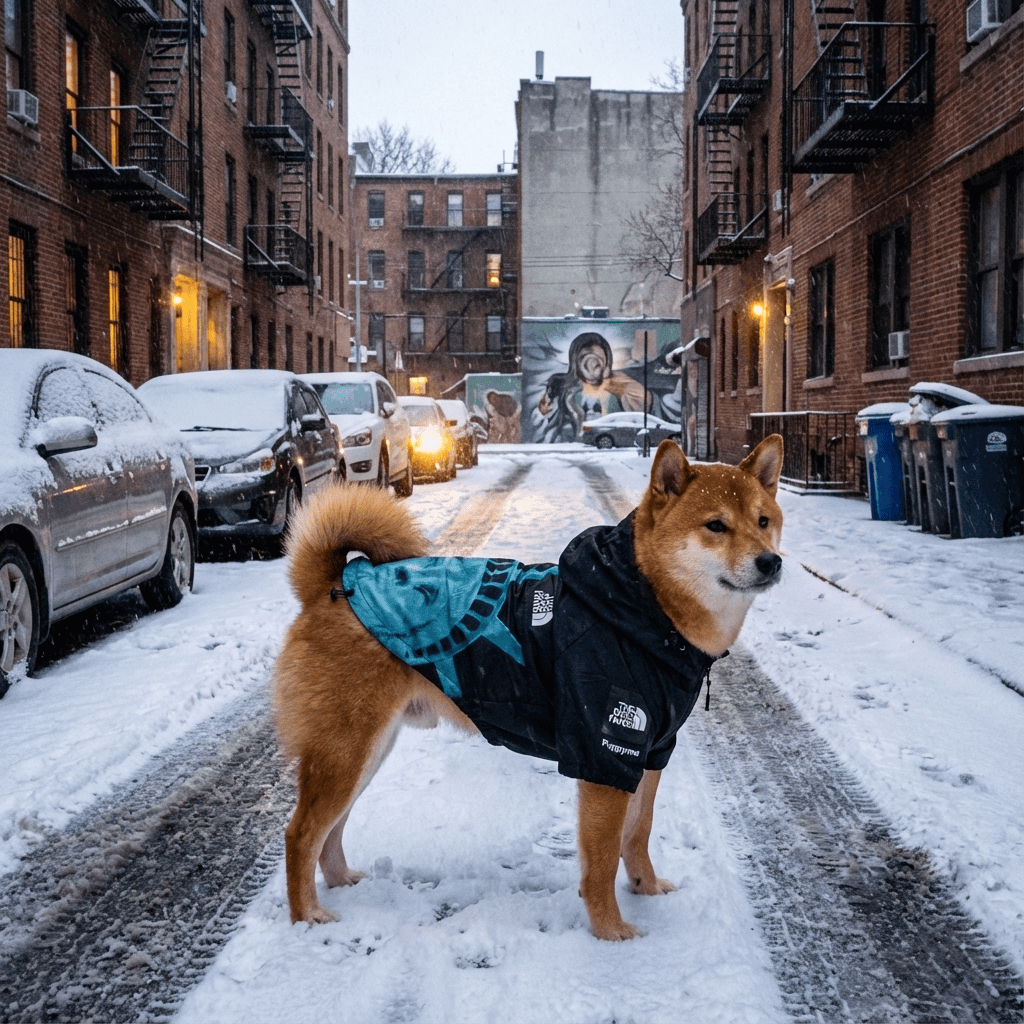Shiba Inu wearing RainPaw Statue Dog Slicker, stylish waterproof dog jacket for all sizes in snowy street.