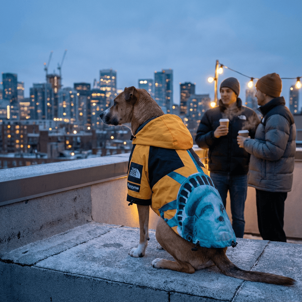 Dog wearing RainPaw Statue Dog Slicker on rooftop, keeping stylish and dry in the city skyline.