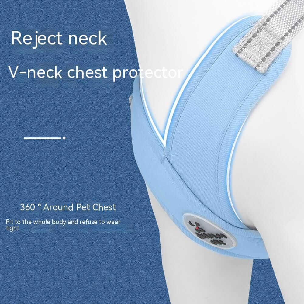 AirGlow Reflective Dog Harness showing reject neck and V-neck chest protector for enhanced pet comfort.