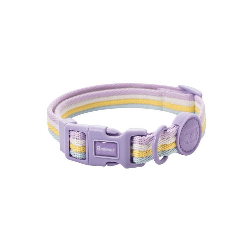 RetroRecord Dog Harness Set - dog collar in vintage style with lavender and pastel stripes by Dogs & Cats.