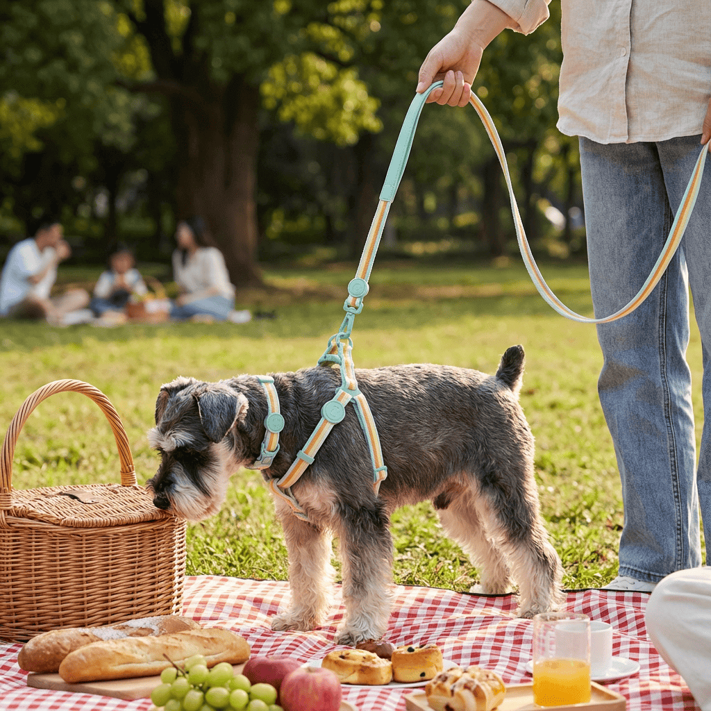 RetroRecord Dog Harness Set on a dog enjoying a picnic, showcasing vintage style and comfort for small to medium dogs.