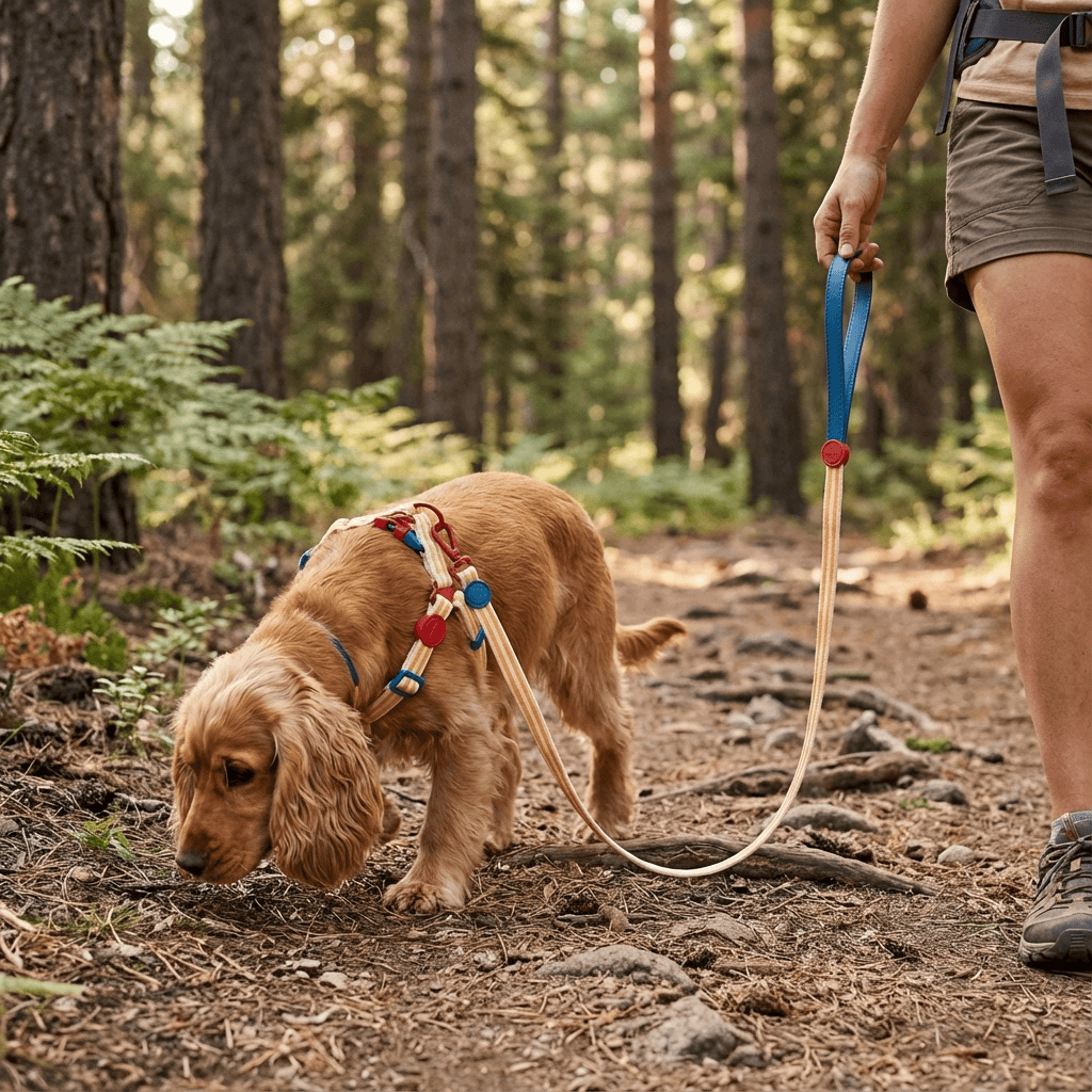RetroRecord Dog Harness Set in use, featuring a dog in a vintage style harness and matching leash during a walk.
