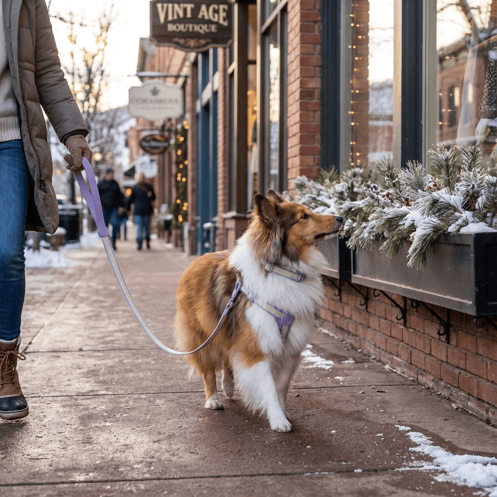 RetroRecord Dog Harness Set on a dog, showcasing vintage style and durability during a walk.