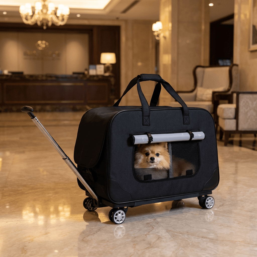 RollMate Pet Carrier: foldable travel carrier for dogs & cats with wheels, perfect for stress-free travel.