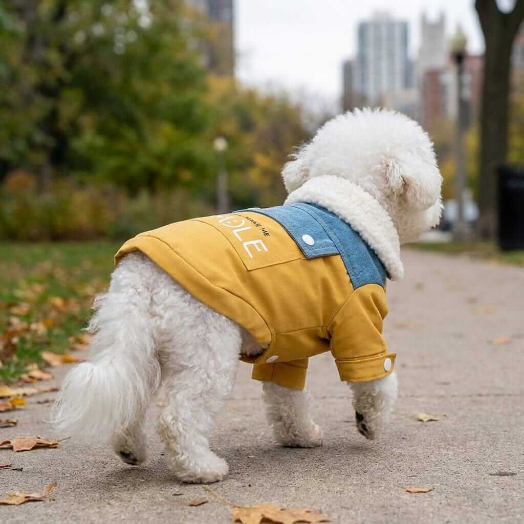You Make Me Smile Coat for dogs by Dogs & Cats, featuring yellow and denim fabric, fuzzy accents, and sherpa lining.