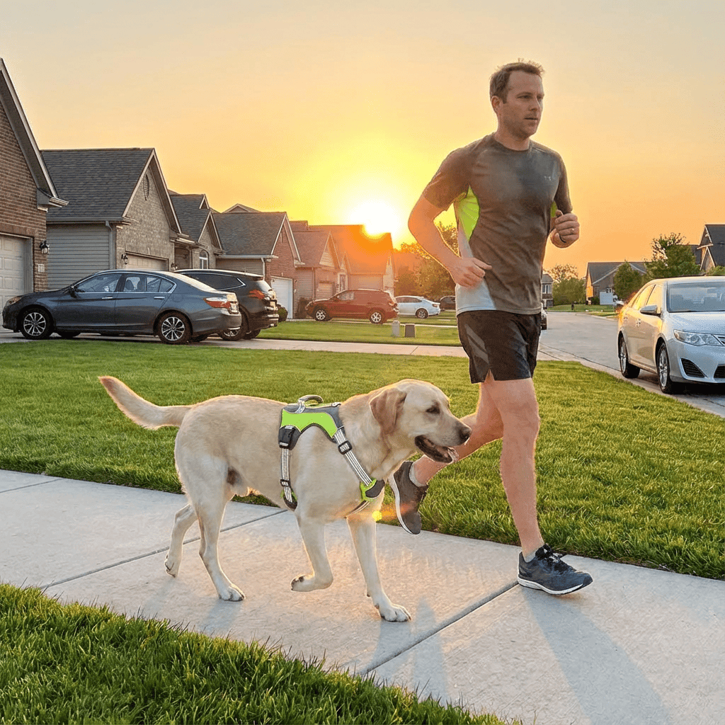 ActiveGuard Dog Harness on Labrador during evening jog, showcasing comfort and control by Dogs & Cats.