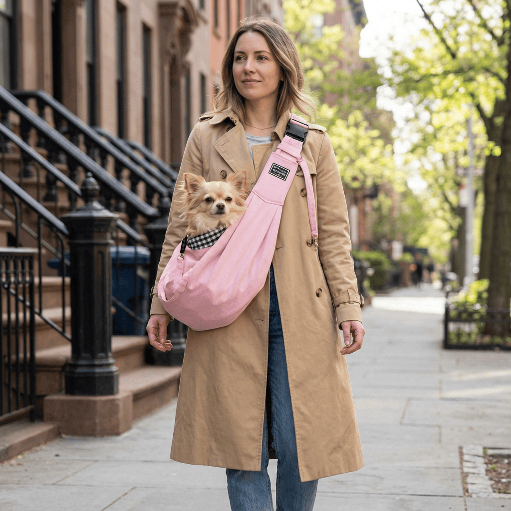Adjustable Dog Sling Carrier for small dogs, stylish and comfortable pet carrier with adjustable strap, perfect for on-the-go.