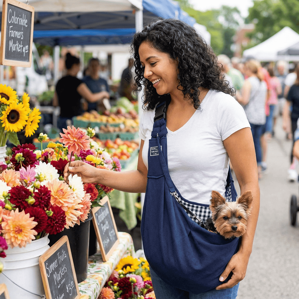 Woman using an Adjustable Dog Sling Carrier at a market with a small dog inside, featuring flowers and people in the background.