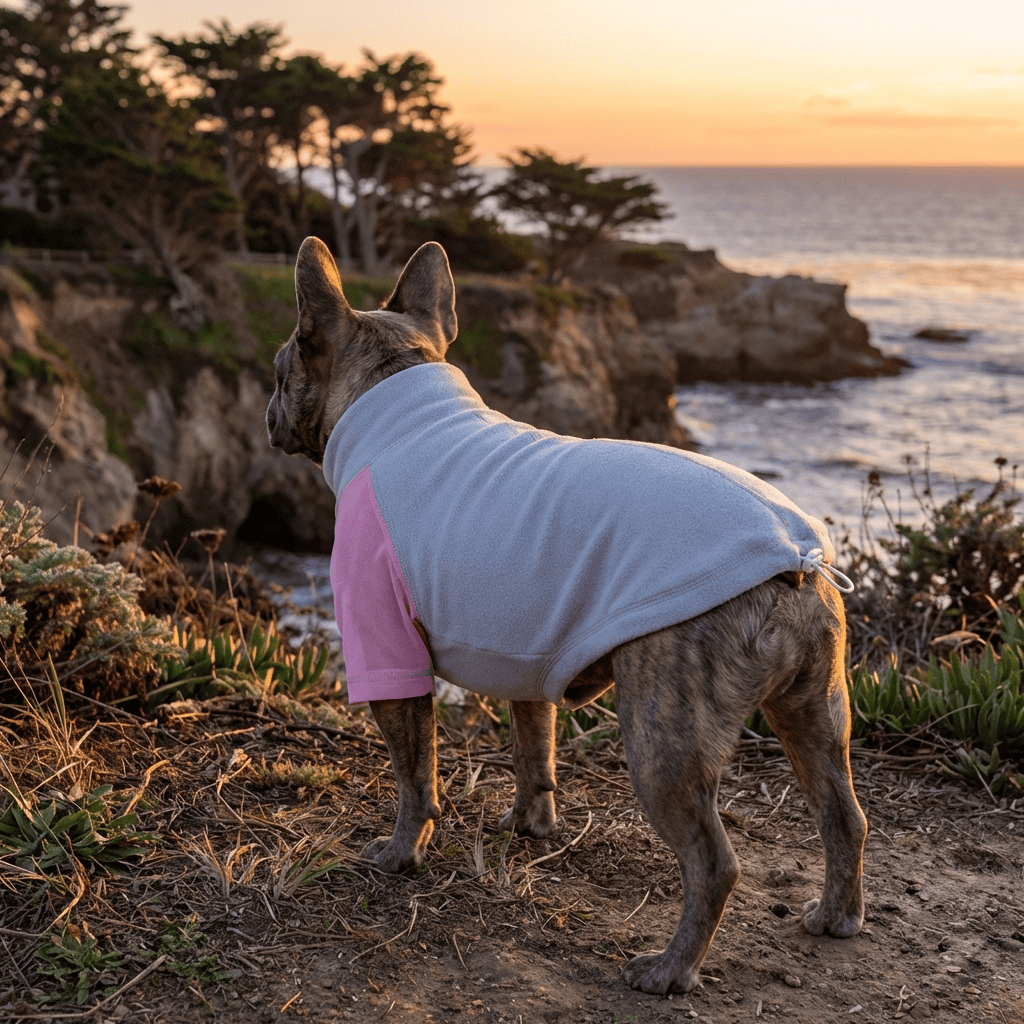 Adjustable Fleece Dog Sweatshirt on a dog enjoying a sunset by the coast, featuring fleece material and cozy fit.