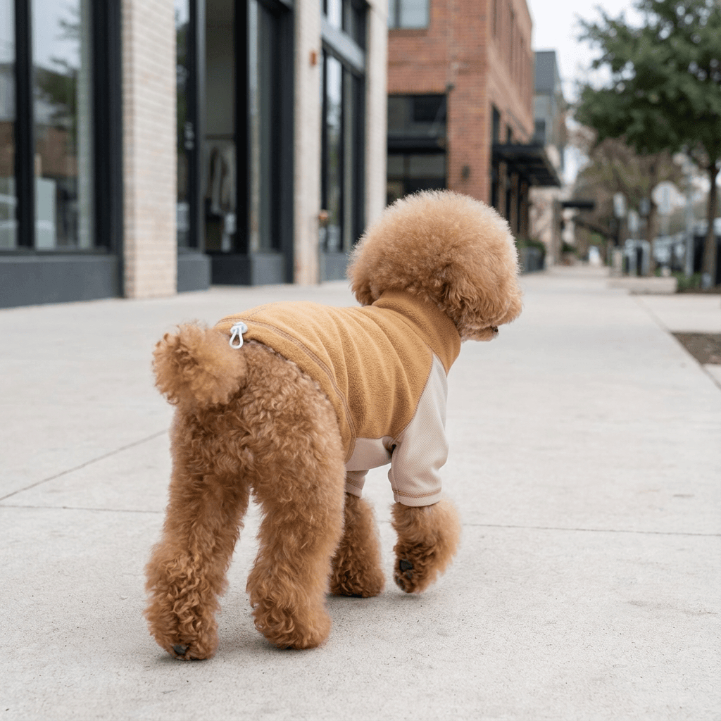 Adjustable Fleece Dog Sweatshirt on a poodle walking outdoors, showcasing fleece material and adjustable hem for warmth.