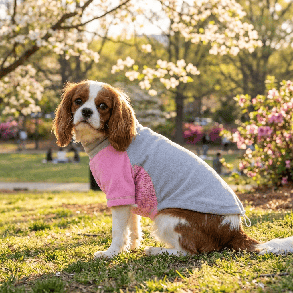 Adjustable Fleece Dog Sweatshirt on a dog in a park, showing fleece material and adjustable features for warmth.